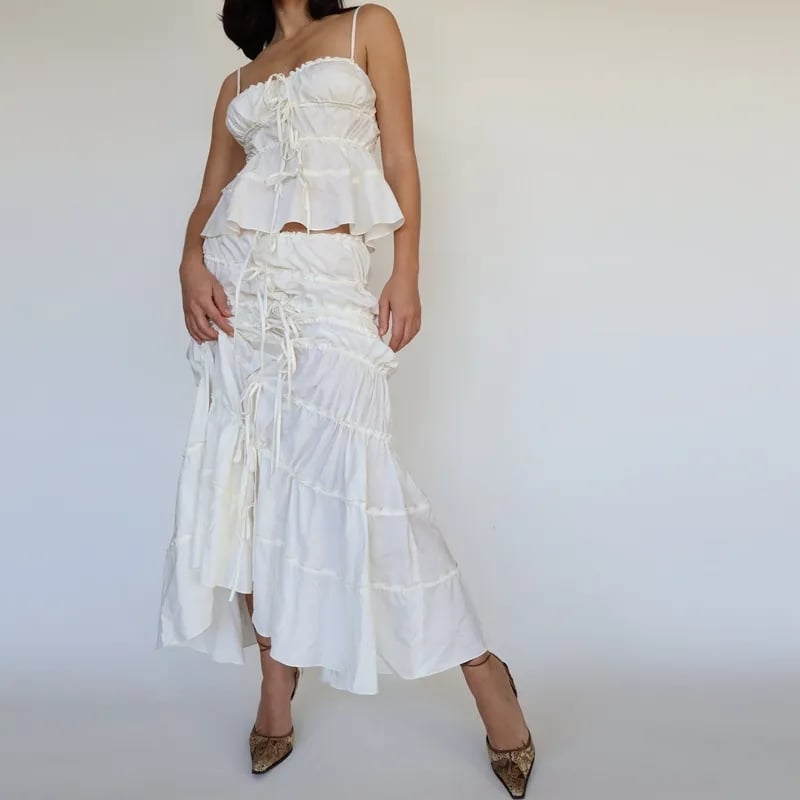 2PCS White Ruffle Camisole + High Waist Long Skirt