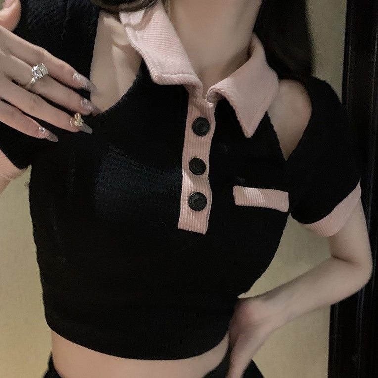 Black Off Shoulder Hollow Out Short Sleeve T-shirt