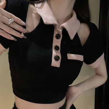 Black Off Shoulder Hollow Out Short Sleeve T-shirt