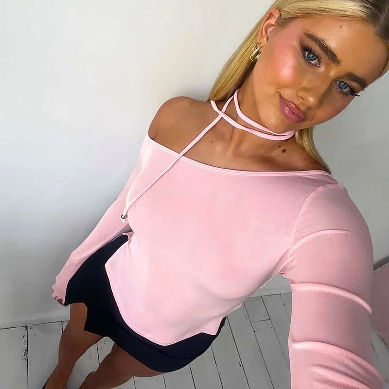 Pink Off Shoulder Long Sleeve Crop Top