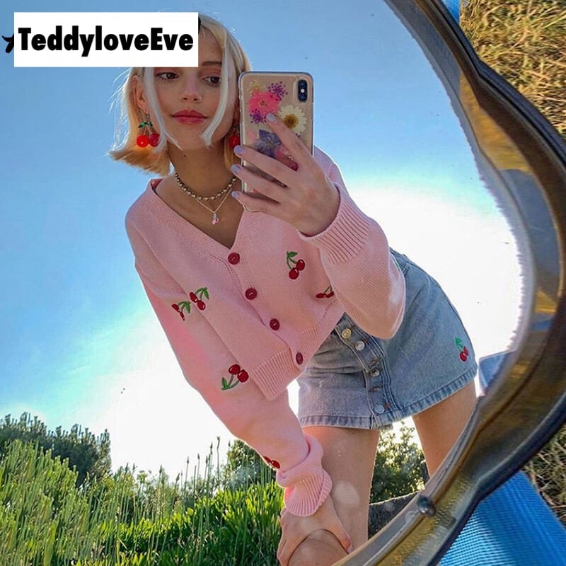Cute Sweet Cherry Embroidery V Neck Knit Vest Long Sleeve Cardigan Crop Top Sweater Sweatshirt Pullover Jumper E-Girl Kawaii Korean Japanese Harajuku