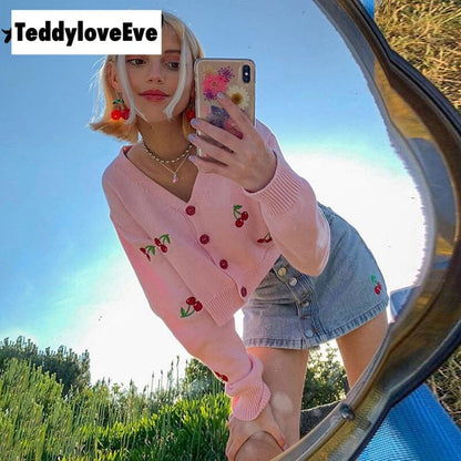 Cute Sweet Cherry Embroidery V Neck Knit Vest Long Sleeve Cardigan Crop Top Sweater Sweatshirt Pullover Jumper E-Girl Kawaii Korean Japanese Harajuku