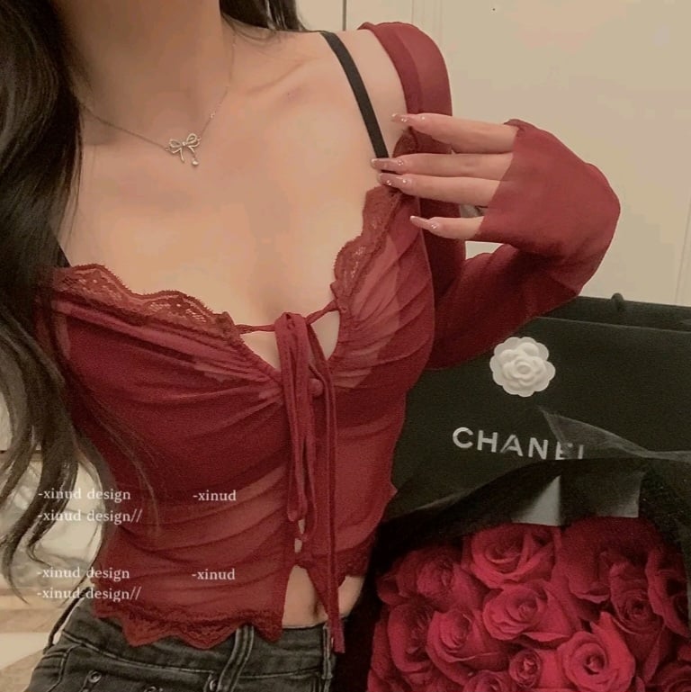 Red Lace See Through Blouse