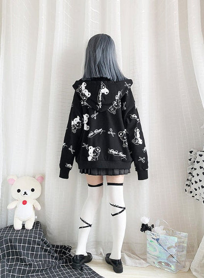 Teddy Bear Scissors Print Hoodie Zip Up Sweater Sweatshirt Long Sleeve Pullover Jumper Goth Punk E-Girl Kawaii Korean Japanese Harajuku Streetwear