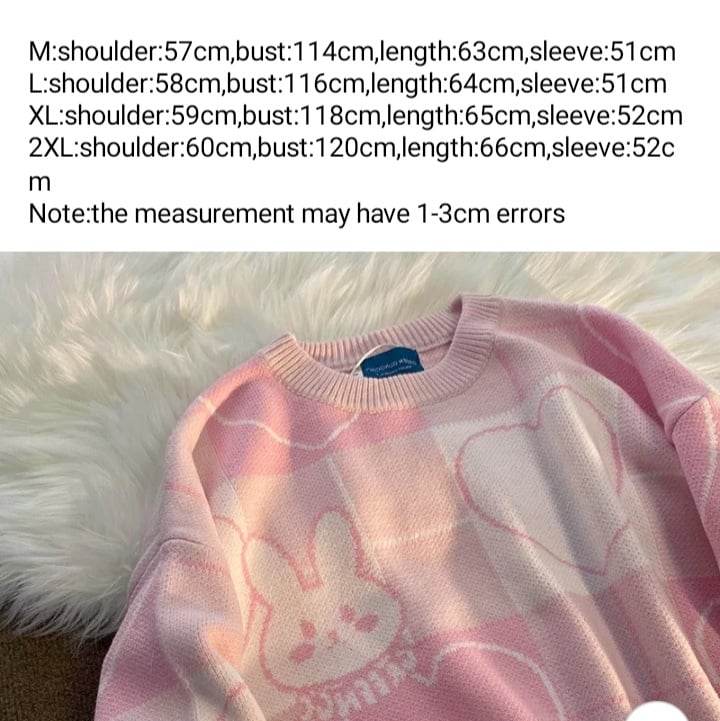 Cute Pink Bunny Rabbit Cartoon Knit Sweater Long Sleeve Pullover Jumper Aesthetic Casual E-Girl Kawaii Korean Japanese Harajuku