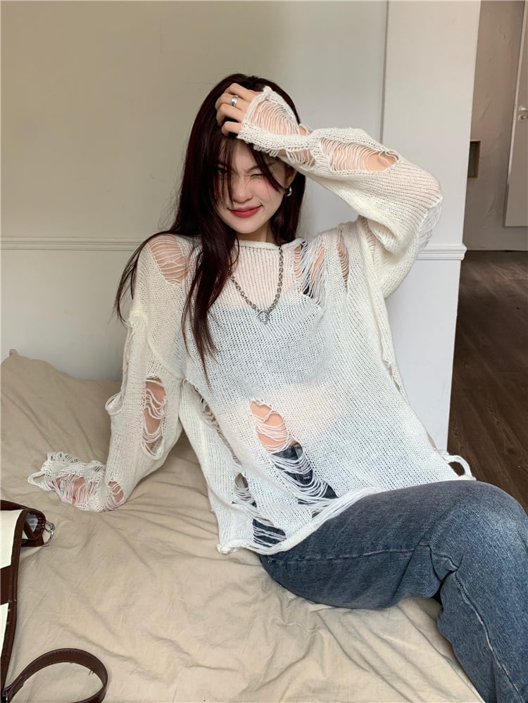 White Hole Ripped Long Sleeve Sweater