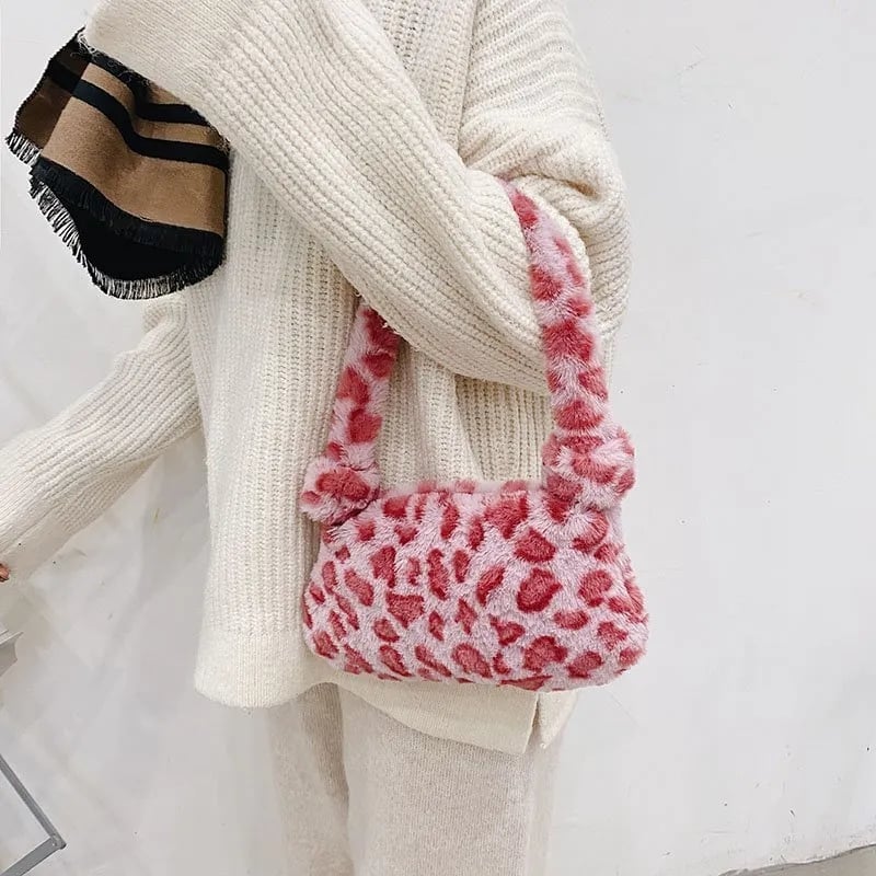 Cow Cheetah Print Plush Shoulder Bag