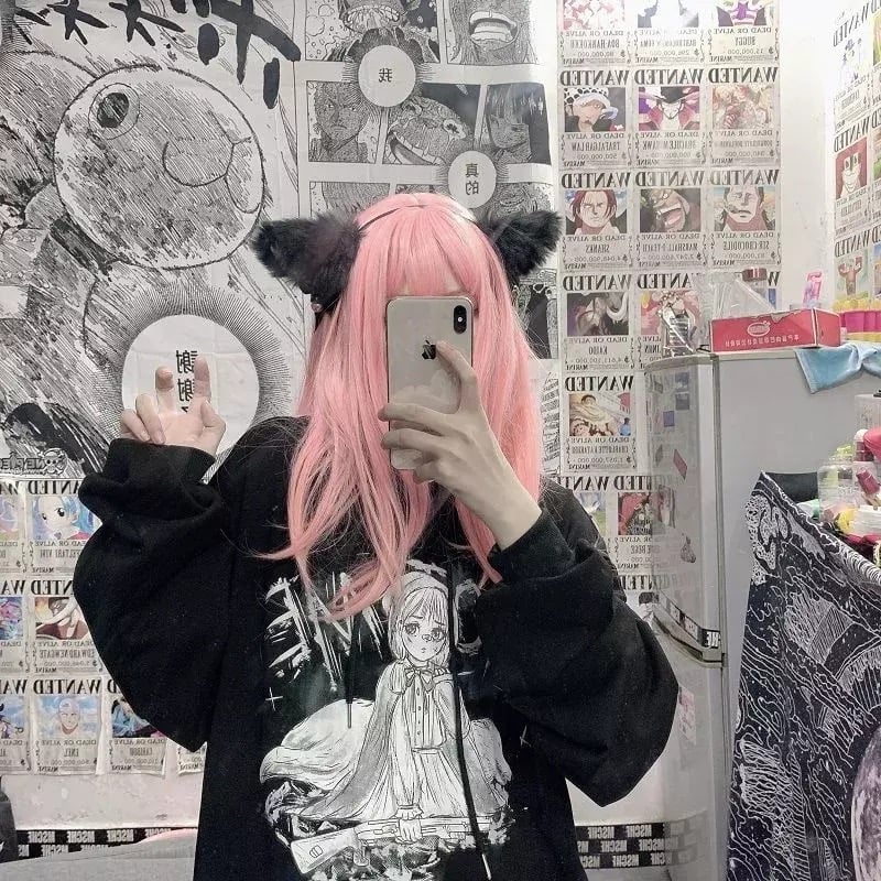 Pastel Pink Anime Girl Cartoon Loose Casual Hoodie Sweatshirt Sweater Long Sleeve Pullover Jumper E-Girl Kawaii Korean Japanese Harajuku Streetwear