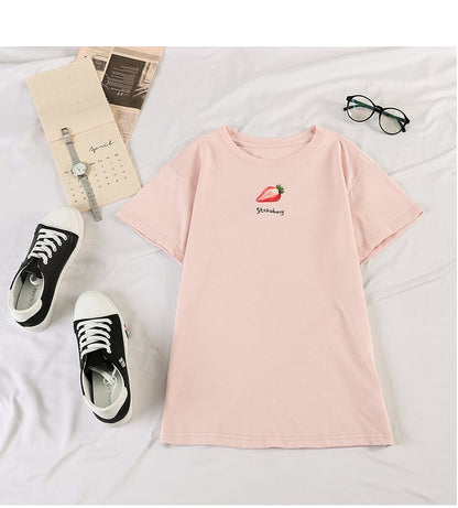 Cute Summer Casual Fruit Print O Neck Short Sleeve Tee Shirt T-shirt Top Loose Oversized E-Girl Kawaii Korean Japanese Harajuku Retro Streetwear