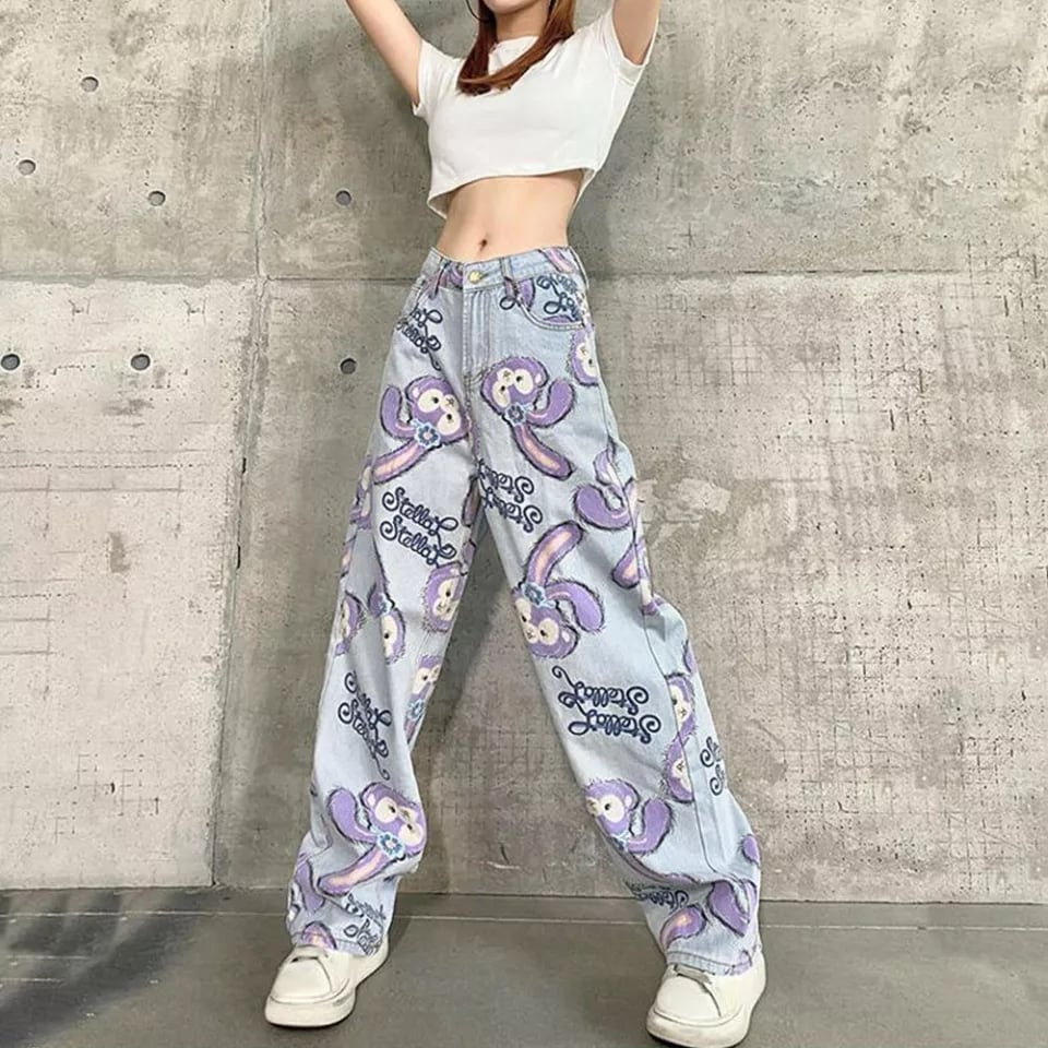 Cute Bunny Rabbit Cartoon Print High Waisted Denim Long Wide Leg Jeans Pants Trouser Aesthetic Casual Summer E-Girl Kawaii Korean Japanese Harajuku