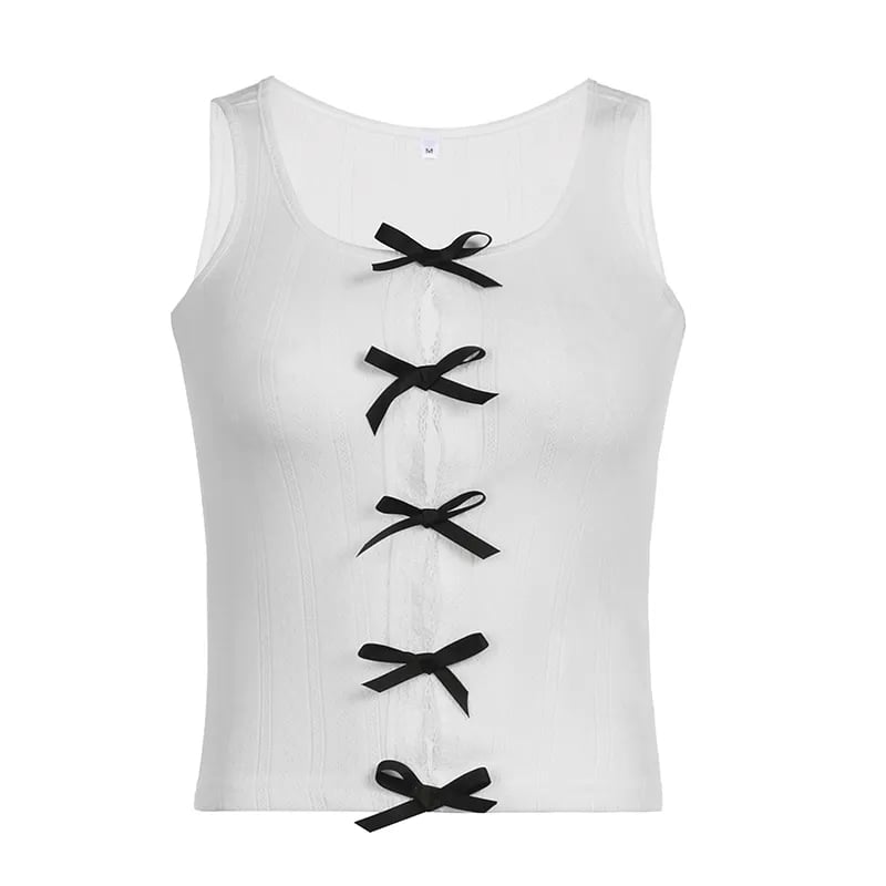 White Ribbed Tank Top with Black Bows