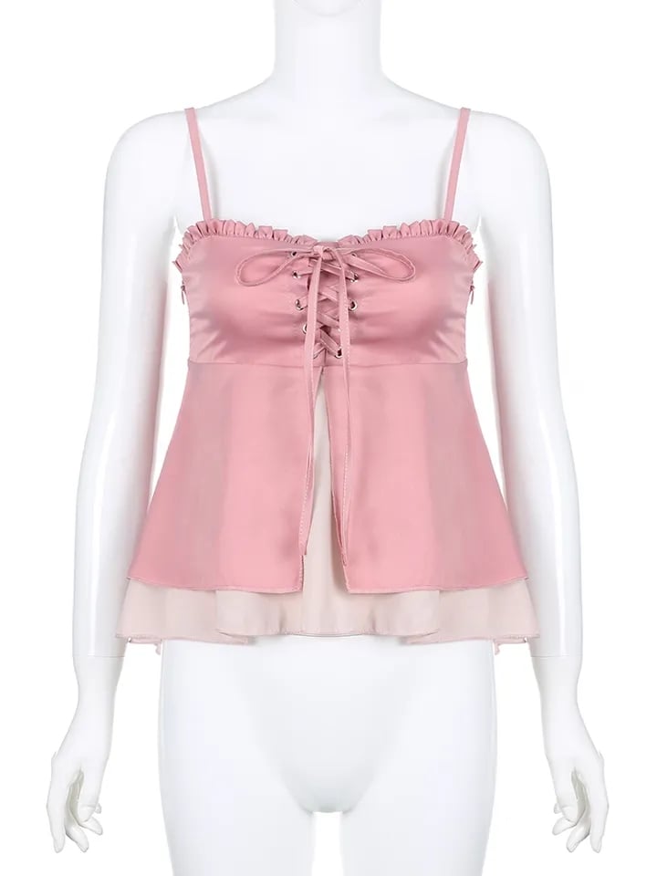 Pink Ruffle 2 Layer Satin Tank Top