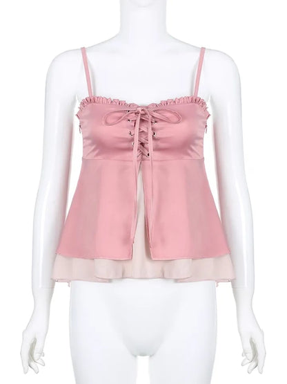 Pink Ruffle 2 Layer Satin Tank Top