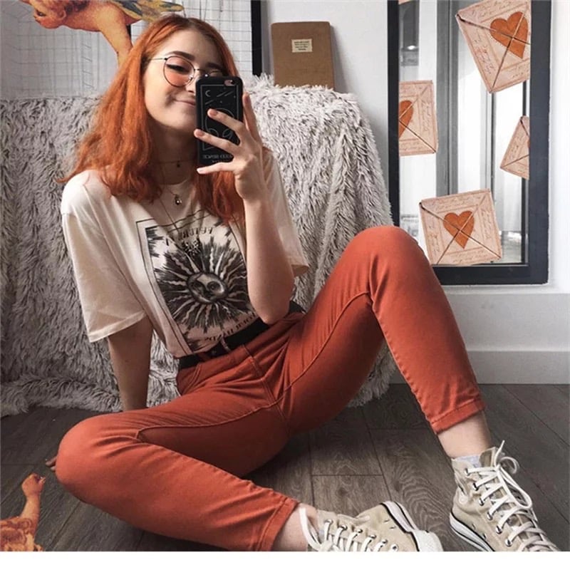 Cute Tarot Card Sun Moon Print Short Sleeve Shirt T-shirt Tee Top Kawaii Korean Japanese Harajuku Chinese Retro Streetwear Aesthetic Fashion