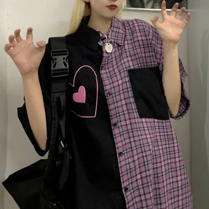 Cute Heart Pocket Plaid Patchwork Vintage Blouse Short Sleeve T- Shirt Top Aesthetic Casual Summer E-Girl Kawaii Korean Japanese Harajuku