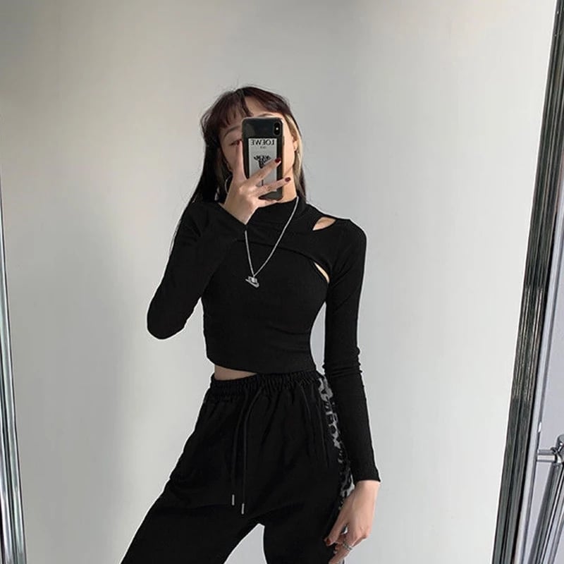 Cute 2pcs K-pop Black White Hollow Knit Long Sleeve Shirt Crop Top Fitness Streetwear Summer Aesthetic Casual E-Girl Kawaii Korean Japanese Harajuku