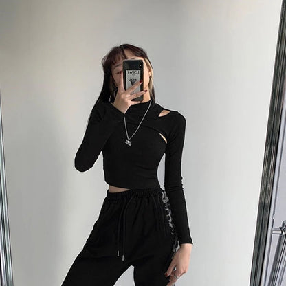 Cute 2pcs K-pop Black White Hollow Knit Long Sleeve Shirt Crop Top Fitness Streetwear Summer Aesthetic Casual E-Girl Kawaii Korean Japanese Harajuku