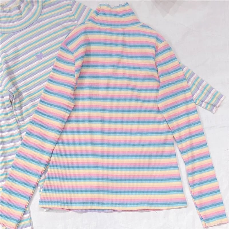 Cute Heart Sweet Rainbow Pastel Turtleneck Stripe Knit Long Sleeve Shirt Top Pullover Sweater E-Girl Kawaii Korean Japanese Harajuku Retro Streetwear
