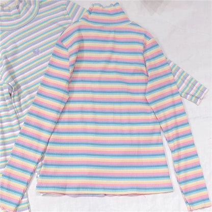Cute Heart Sweet Rainbow Pastel Turtleneck Stripe Knit Long Sleeve Shirt Top Pullover Sweater E-Girl Kawaii Korean Japanese Harajuku Retro Streetwear
