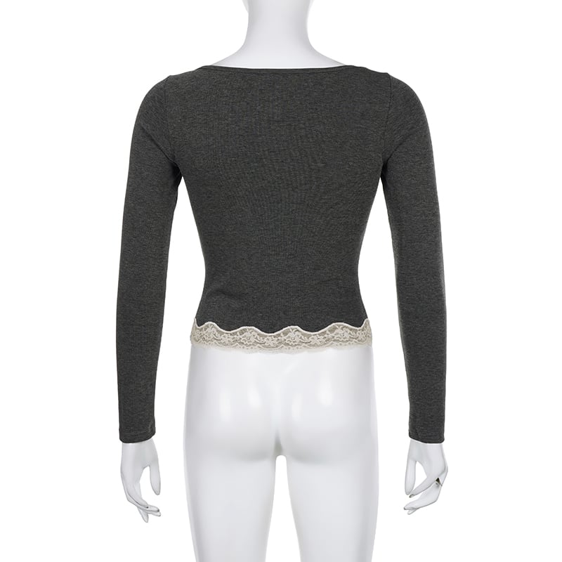 Grey Patchwork Square Neck Collar Long Sleeve Shirt