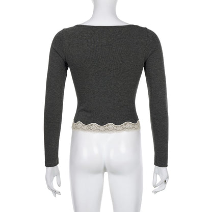 Grey Patchwork Square Neck Collar Long Sleeve Shirt