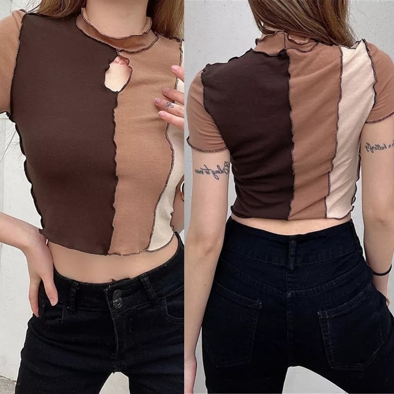 Brown Patchwork Trim Hollow Short Sleeve T-shirt
