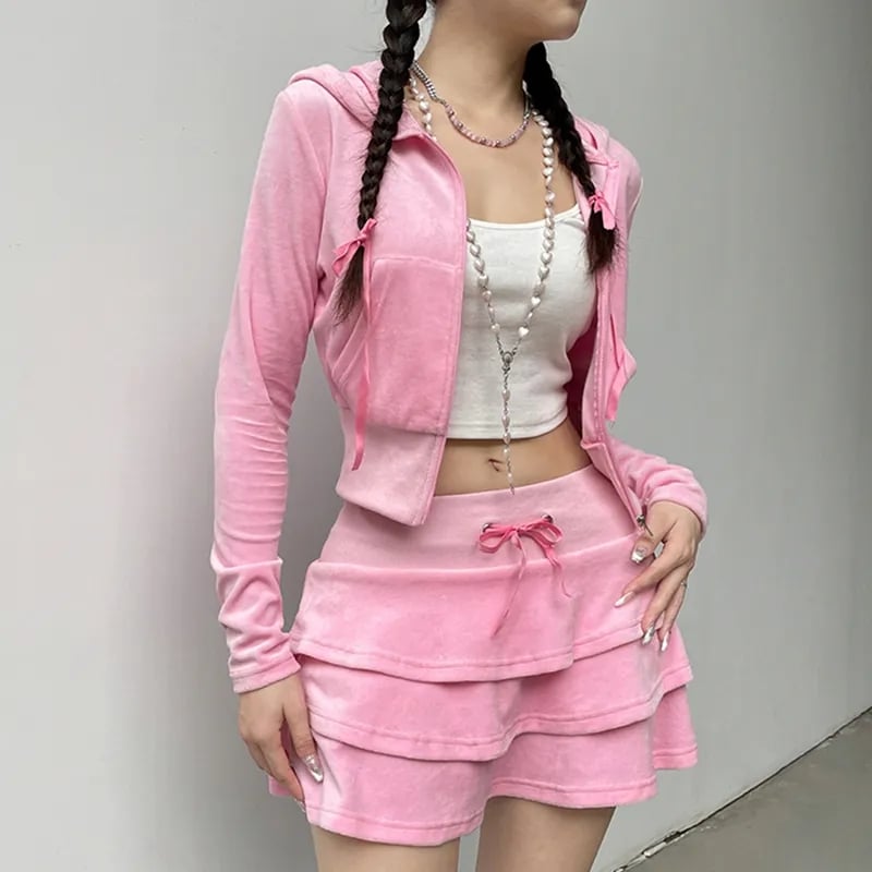 2PCS Pink Zipper Hoodie + Tiered Mini Skirt Set