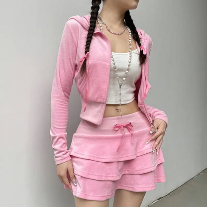 2PCS Pink Zipper Hoodie + Tiered Mini Skirt Set
