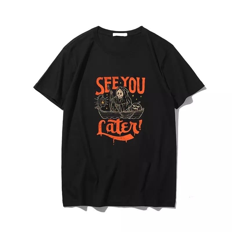 Cute Grim Reaper Death Cartoon Print Goth Short Sleeve Shirt Tee T-shirt E-Girl Kawaii Korean Japanese Harajuku Chinese Retro Streetwear Aesthetic