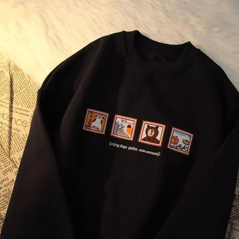 Cute Picture Frame Embroidery Velvet Thick Round Neck Sweatshirt Oversize Hoodie Pullover Sweater E-Girl Kawaii Korean Japanese Harajuku Streetwear