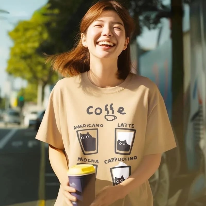 Cat Coffee Print Short Sleeve T-shirt
