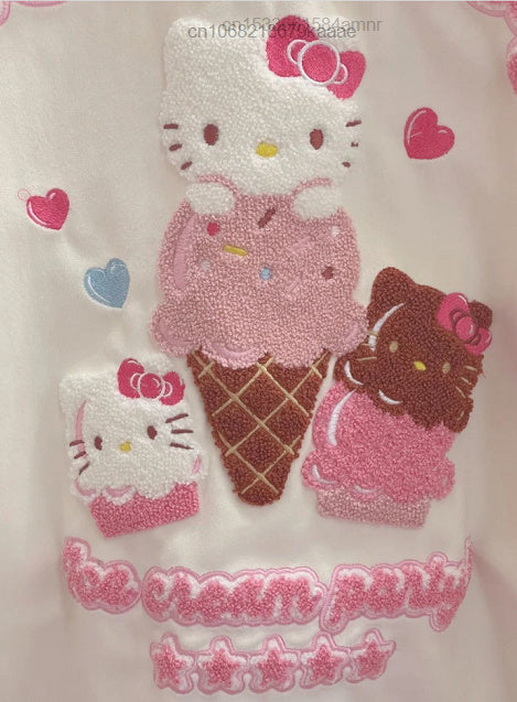 Pink Japanese Anime Cat Embroidery Patchwork Varsity Baseball Jacket