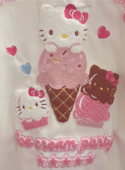 Pink Japanese Anime Cat Embroidery Patchwork Varsity Baseball Jacket