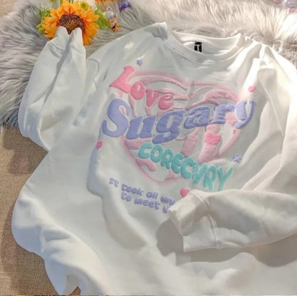 Sweet Pastel Print Oversized Crewneck Sweatshirt Long Sleeve Shirt Aesthetic Casual Summer E-Girl Kawaii Korean Japanese Harajuku