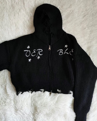Black Hollow Out Cropped Zipper Jacket