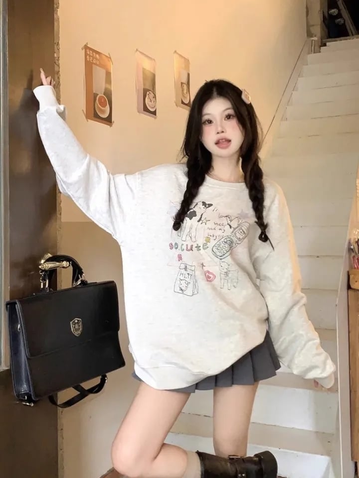 Grey Animal Fleece Crew Neck Sweater