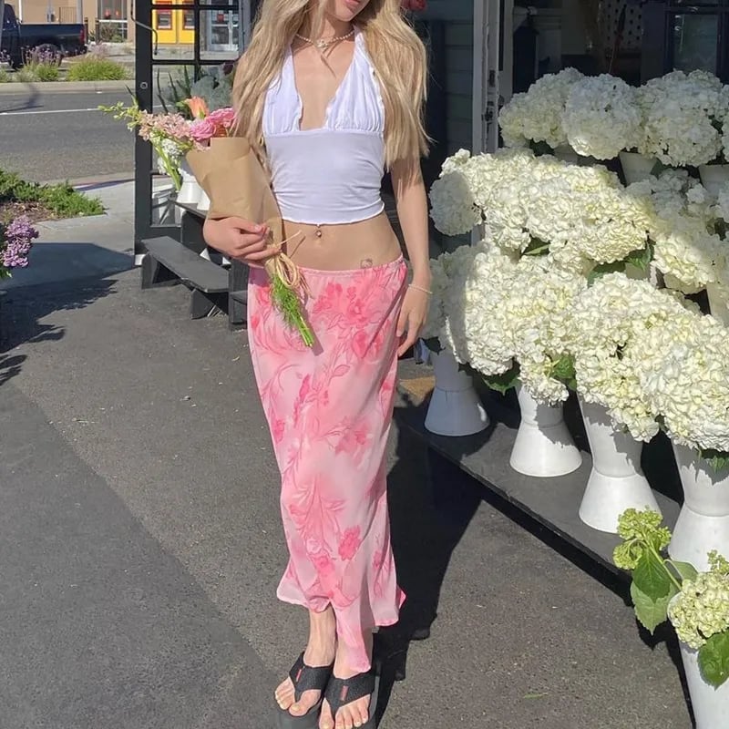Pink Floral Low Waist Skirt