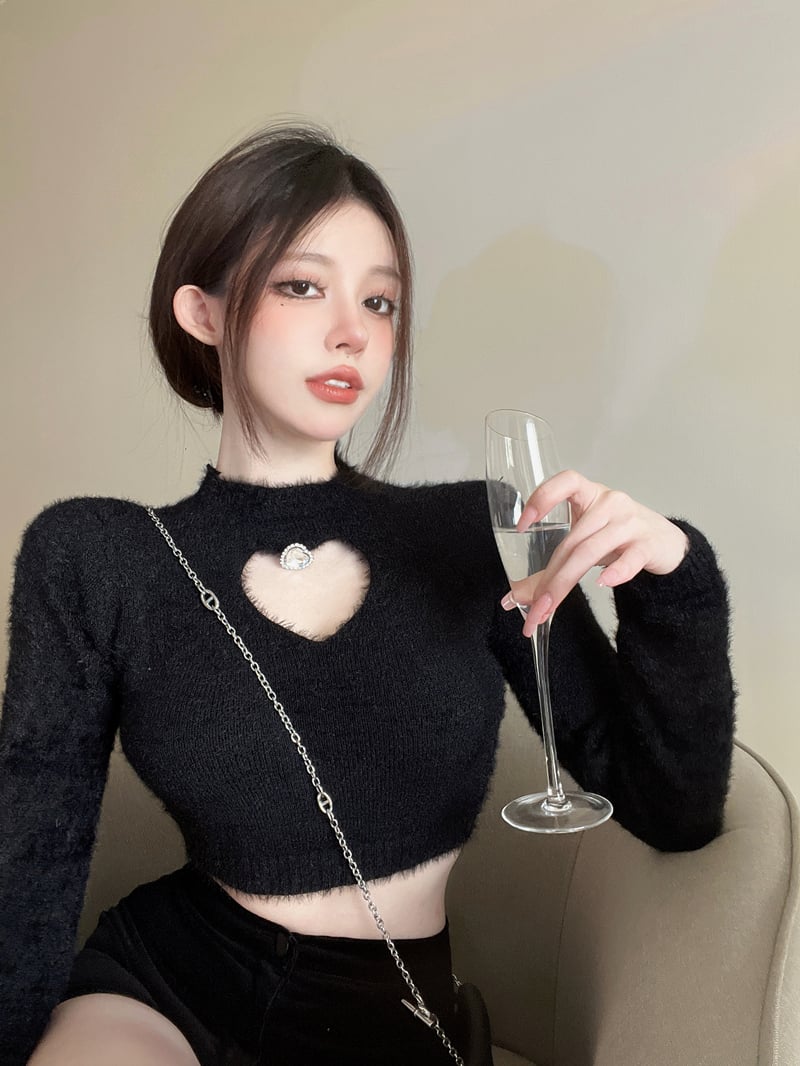 Heart Hollow Out Crystal Stud Long Sleeve Top