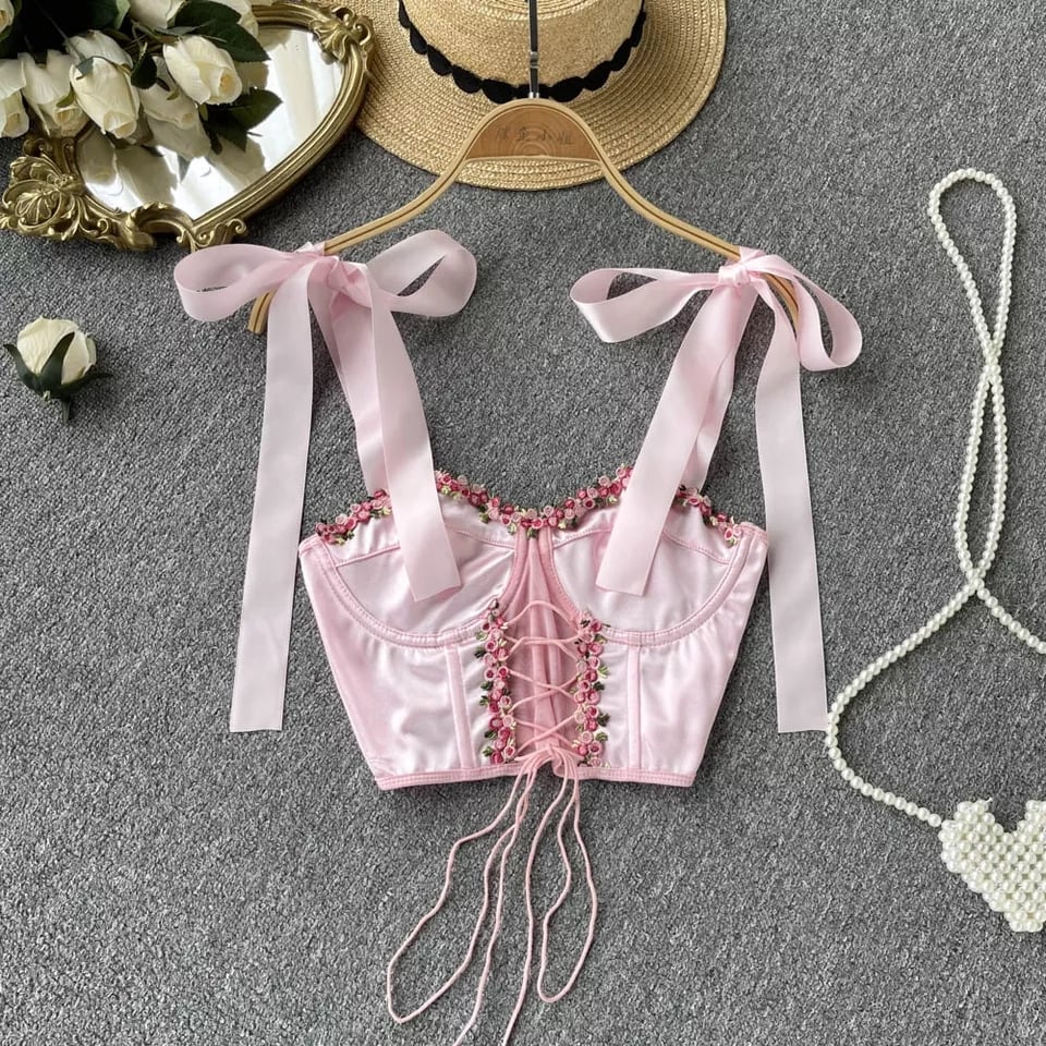 Pink Rose Lace Up Bustier Top