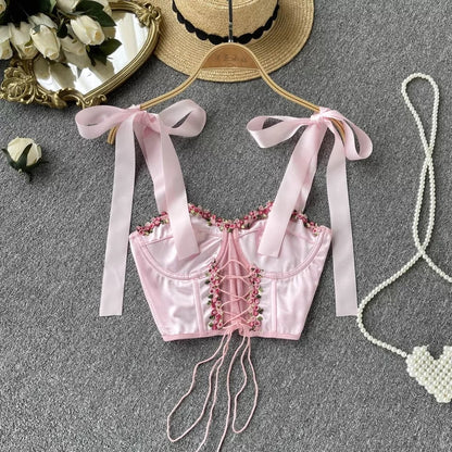 Pink Rose Lace Up Bustier Top