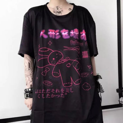 Cute Black Rabbit Bunny Print Oversized Loose Short Sleeve Shirt Tee T-shirt Summer Casual Goth Punk E-Girl Kawaii Korean Japanese Harajuku Streetwear
