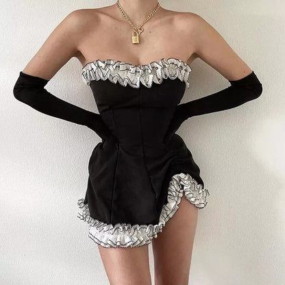 Sexy Sweet Black Lace Ruffles Strapless ,Mini Dress Party Club Summer Aesthetic Casual E-Girl Kawaii Korean Japanese Harajuku