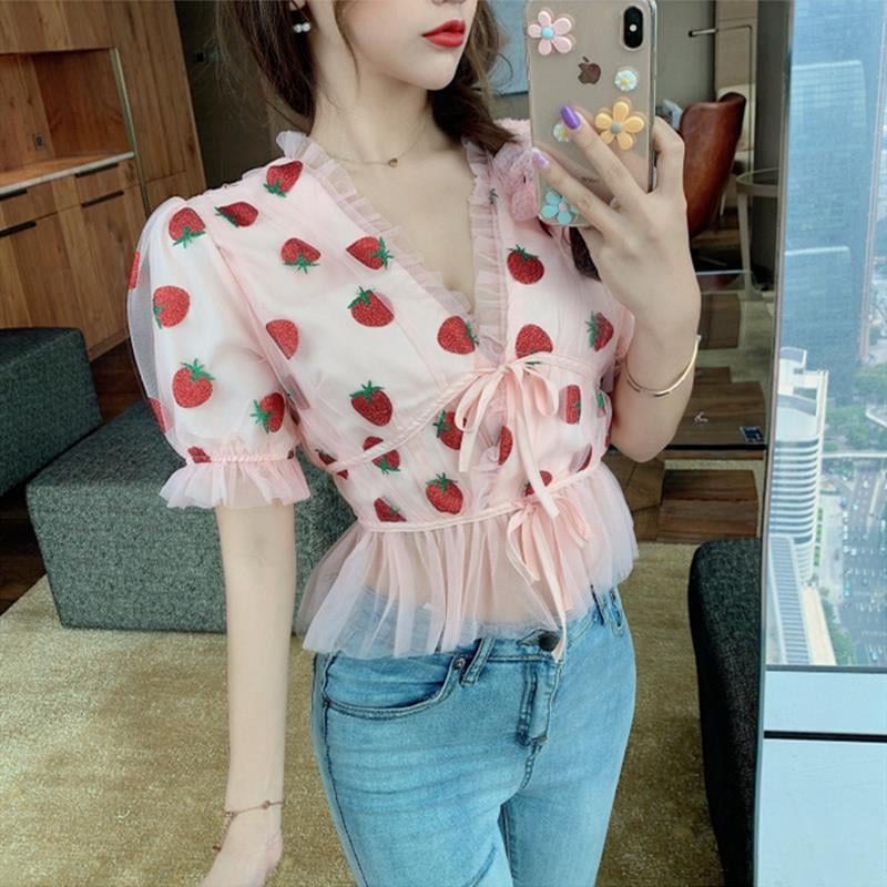 Cute Sexy Pink Strawberry Glitter Sparkle Mesh V Neck Blouse Puff Short Sleeve Shirt Summer Casual E-Girl Kawaii Korean Japanese Harajuku Streetwear