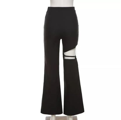 Cute Sexy Black High Waist Flare Trousers Cut Out Hollow Pants Summer Aesthetic Casual E-Girl Kawaii Korean Japanese Harajuku