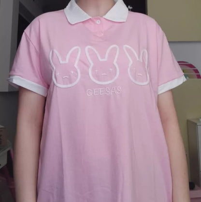 Cute Pastel Bunny Rabbit Embroidery Polo Short Sleeve T- Shirt Top Aesthetic Casual Summer E-Girl Kawaii Korean Japanese Harajuku