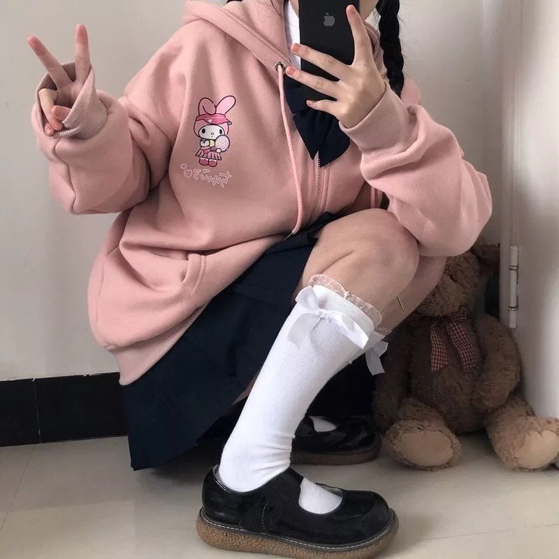 Cute Anime Cartoon Print Long Sleeve Zipper Zip Up Hoodie Sweatshirt Sweater Pullover Jumper E-Girl Kawaii Korean Japanese Harajuku Streetwear