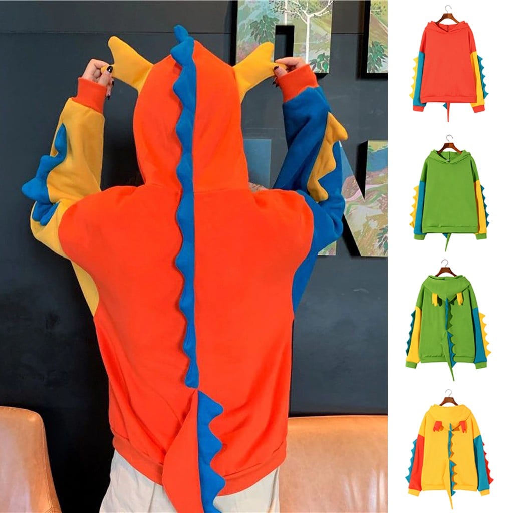 Dinosaur Colourful Cartoon Casual Loose Oversized Hoodie Sweater Sweatshirt Long Sleeve Pullover E-Girl Kawaii Korean Japanese Harajuku Streetwear
