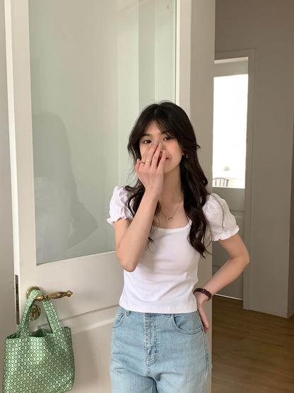 White Puff Sleeve Square Collar Top