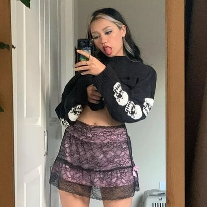 Black Skull Knit Sweater Sweatshirt Crewneck Long Sleeve Pullover Goth Punk Autumn Fall E-Girl Kawaii Korean Japanese Harajuku Streetwear