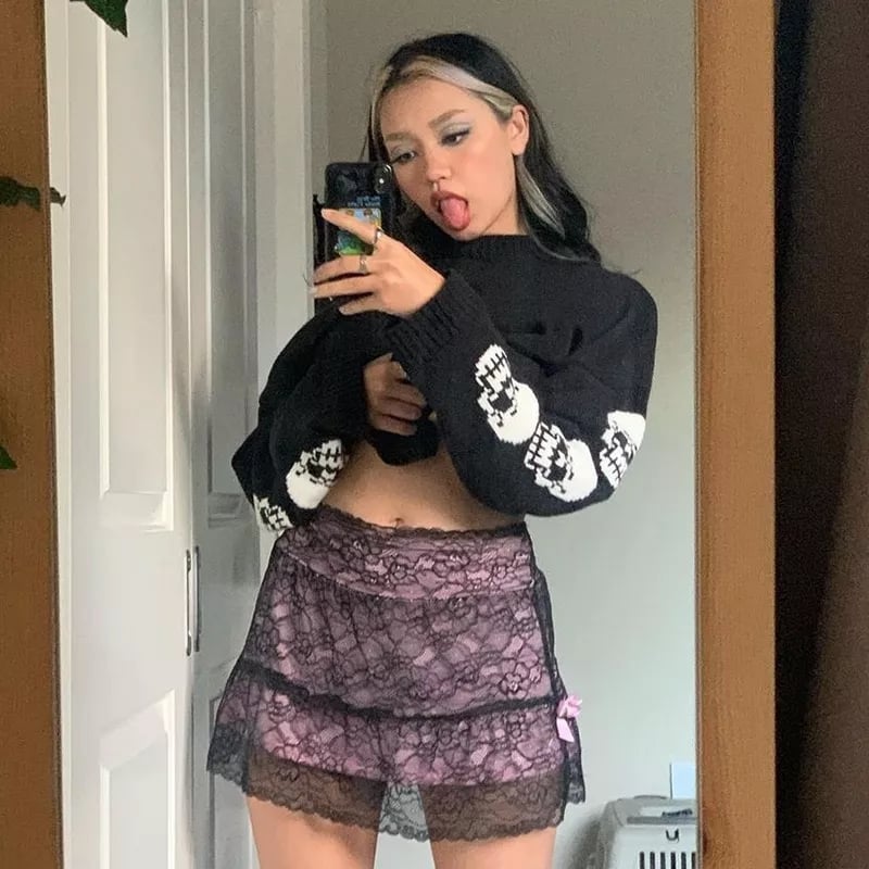 Black Skull Knit Sweater Sweatshirt Crewneck Long Sleeve Pullover Goth Punk Autumn Fall E-Girl Kawaii Korean Japanese Harajuku Streetwear